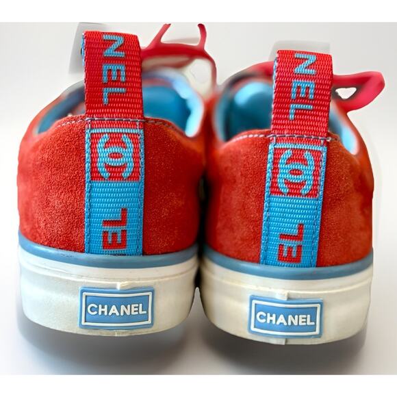 CHANEL CC Red Lambskin Leather Suede Tennis Sneakers Vintage Size 38 Logo EUC - Picture 3 of 16